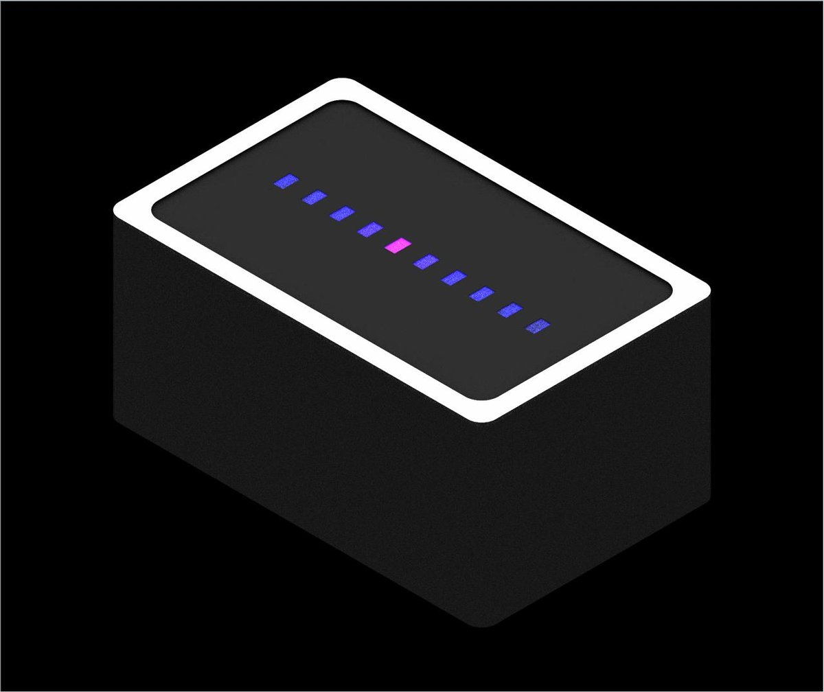 Photorealistic rendering of a dark electronics enclosure with a row of illuminated blue and magenta indicators